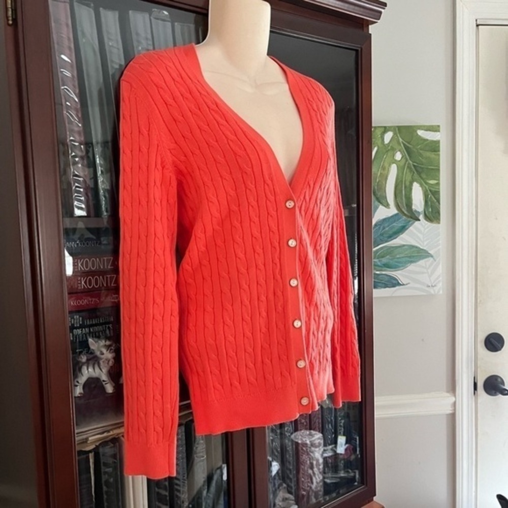 Land’s End XS Cable Knit Sweater V-Neck Coral Orange Orange Melon Like New - Picture 2 of 14